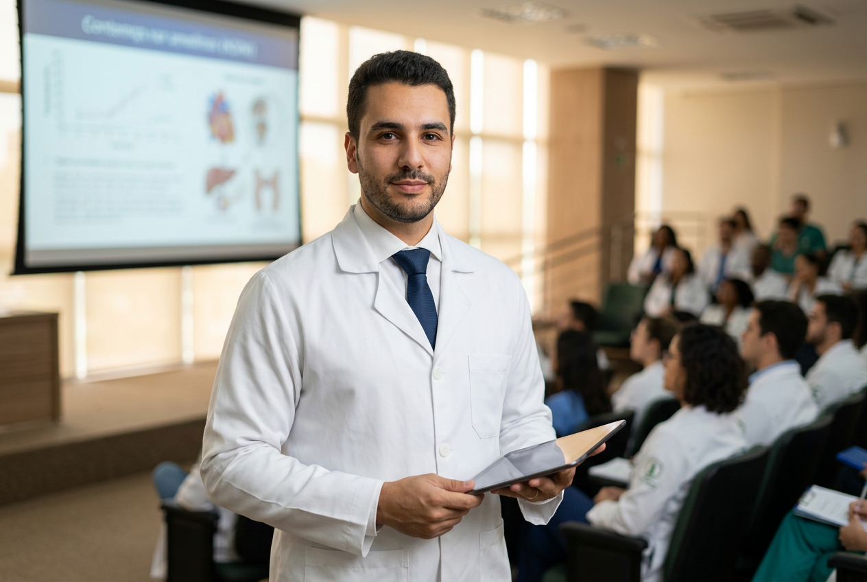 Dr. Gustavo Noronha em um auditório médico